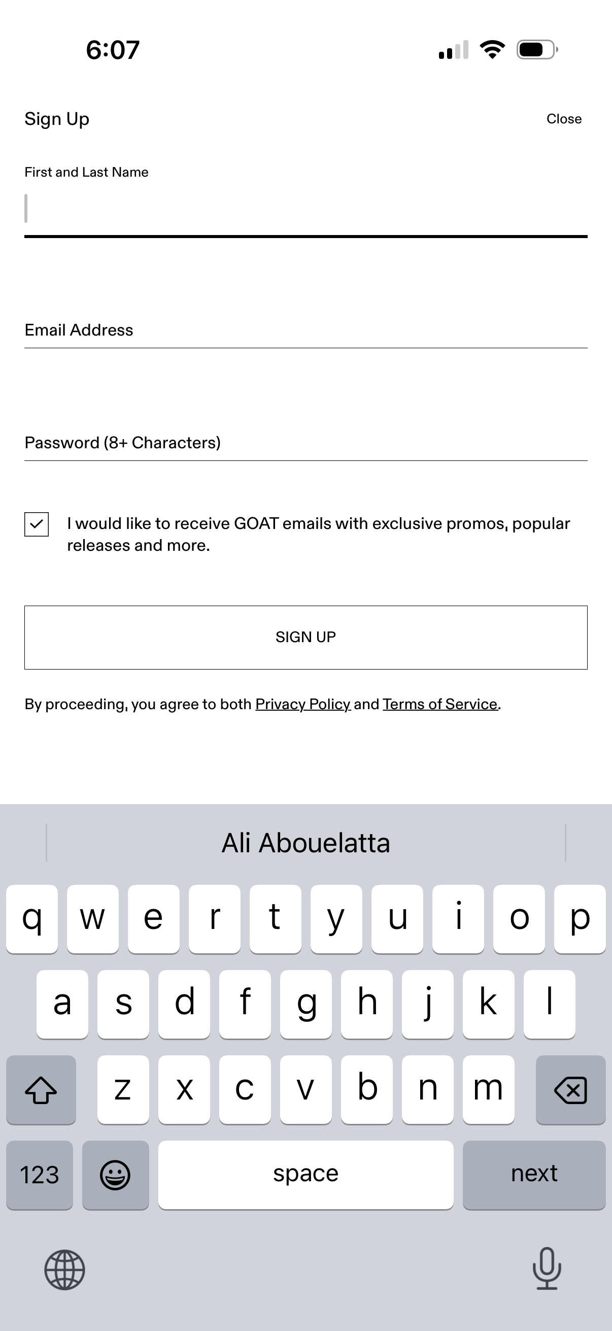 goat signup screenshot